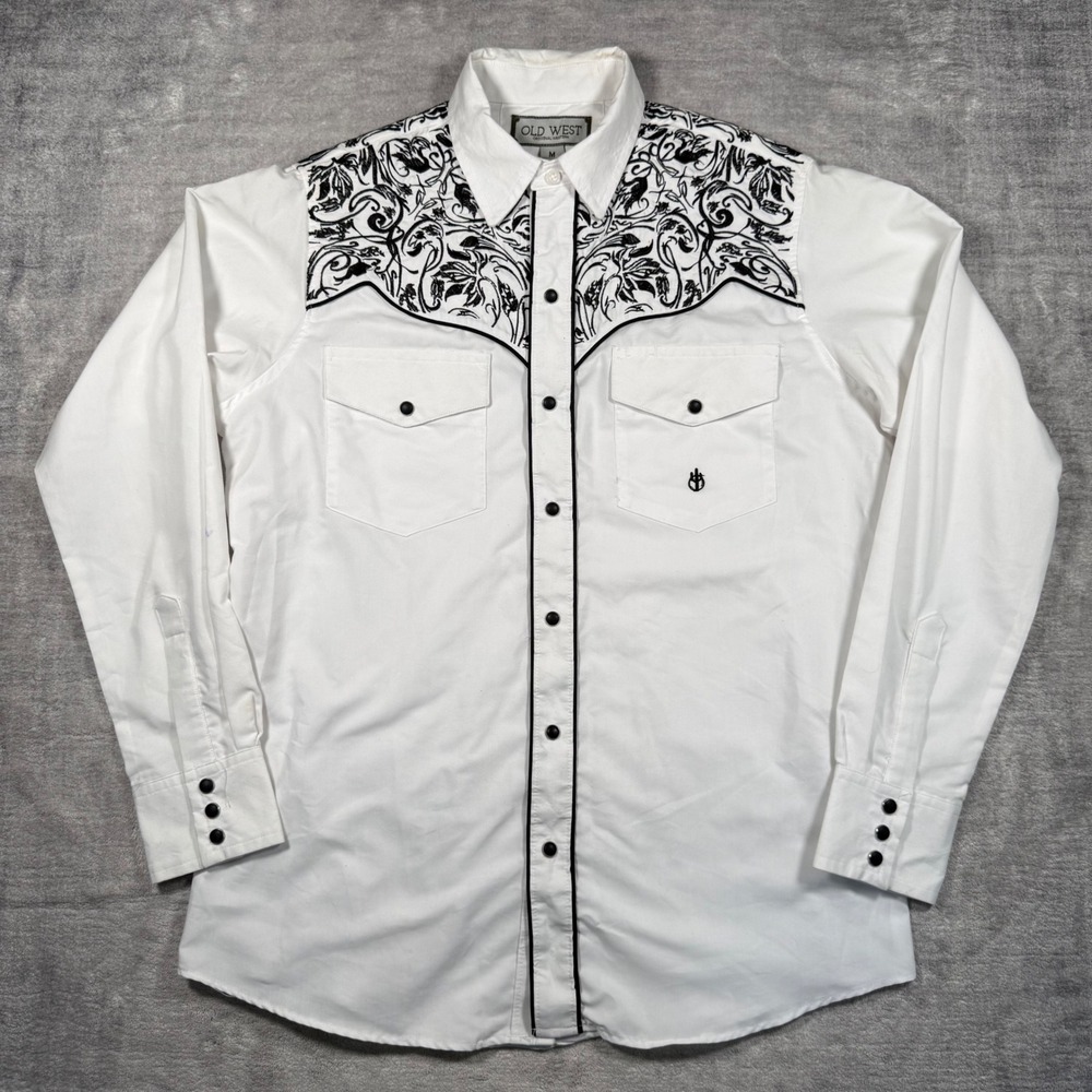 Old West Shirt Mens Medium White Pearl Snap Embroidered Yoke Floral Cowboy Rodeo